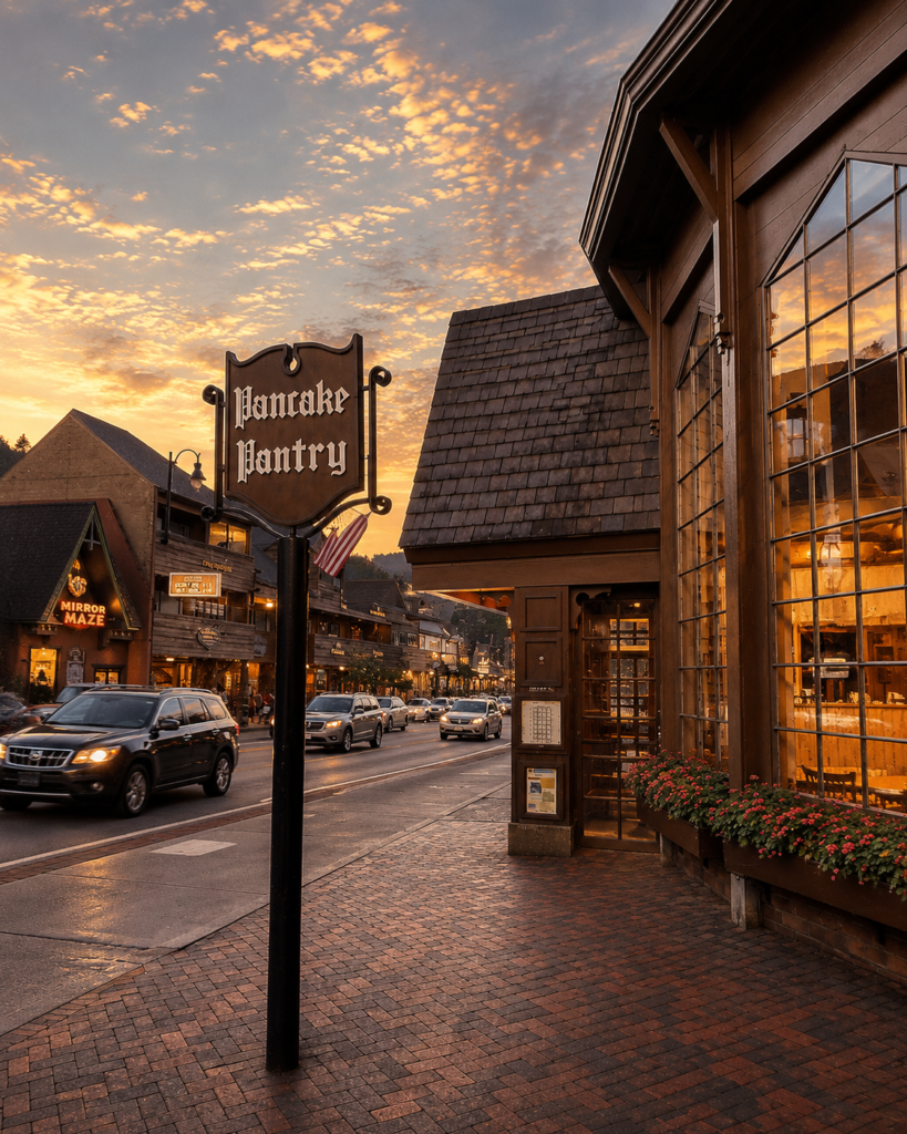 Early morning view of Pancake Pantry along the Parkway in downtown Gatlinburg with warm sunrise light and light traffic.