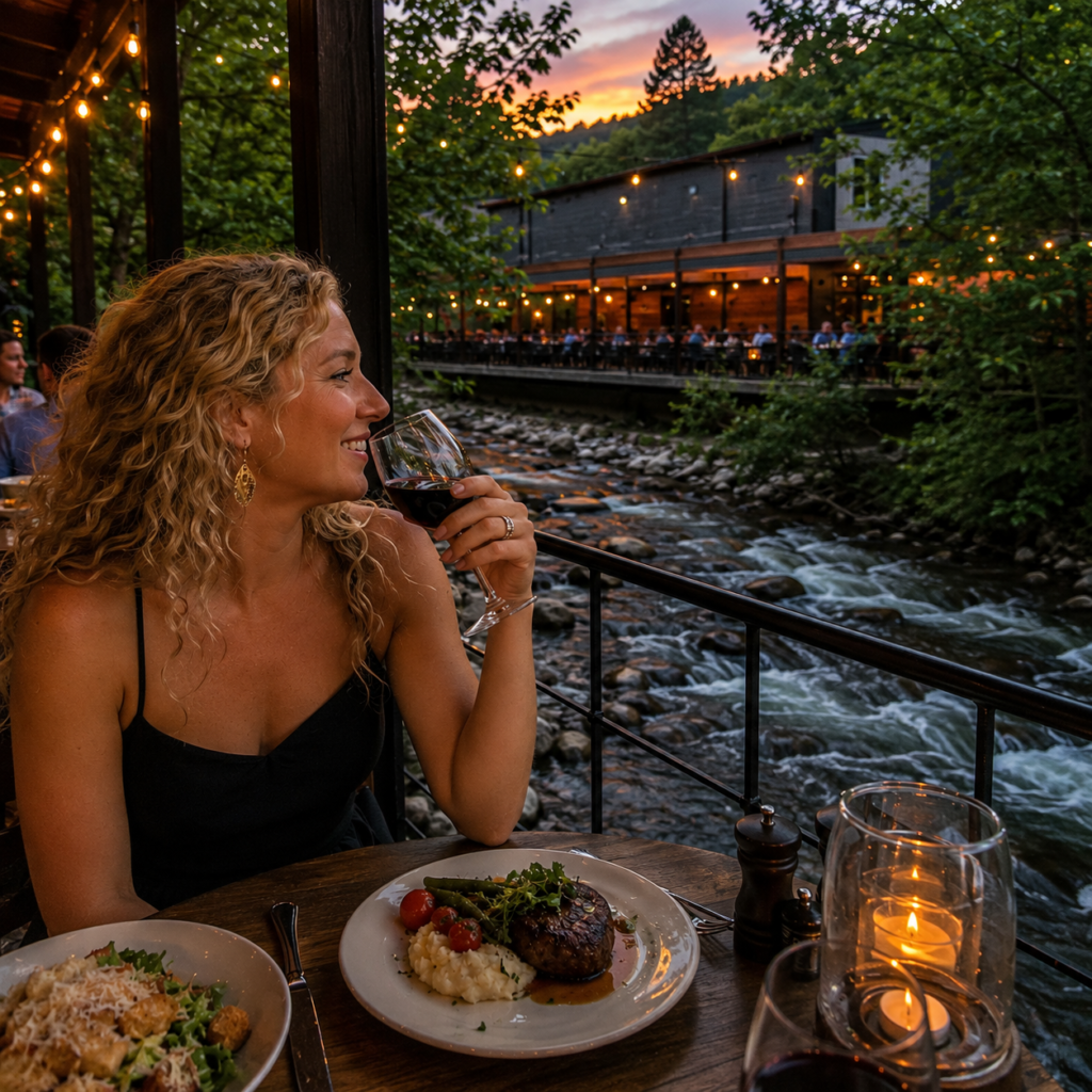 Romantic Restaurants in Gatlinburg: Smoky Mountain Date Nights Worth Slowing Down For 1 Woman enjoying a romantic wine dinner beside a flowing creek at a Gatlinburg restaurant during sunset in the Smoky Mountains