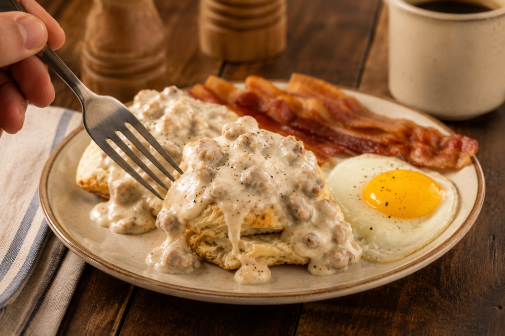 Plate of Smoky Mountain biscuits and gravy with bacon, a sunny-side-up egg, and a fork reaching toward the breakfast table.