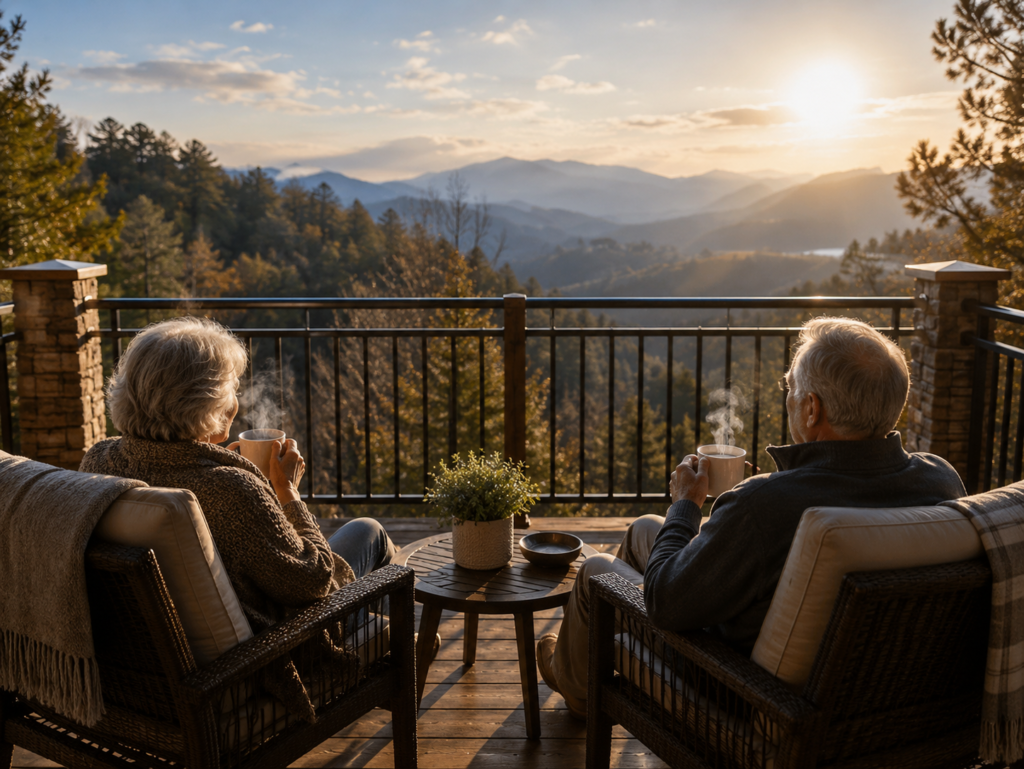 Older couple sitting on a mountain cabin deck in Gatlinburg enjoying steaming coffee while watching the Smoky Mountains at sunrise.