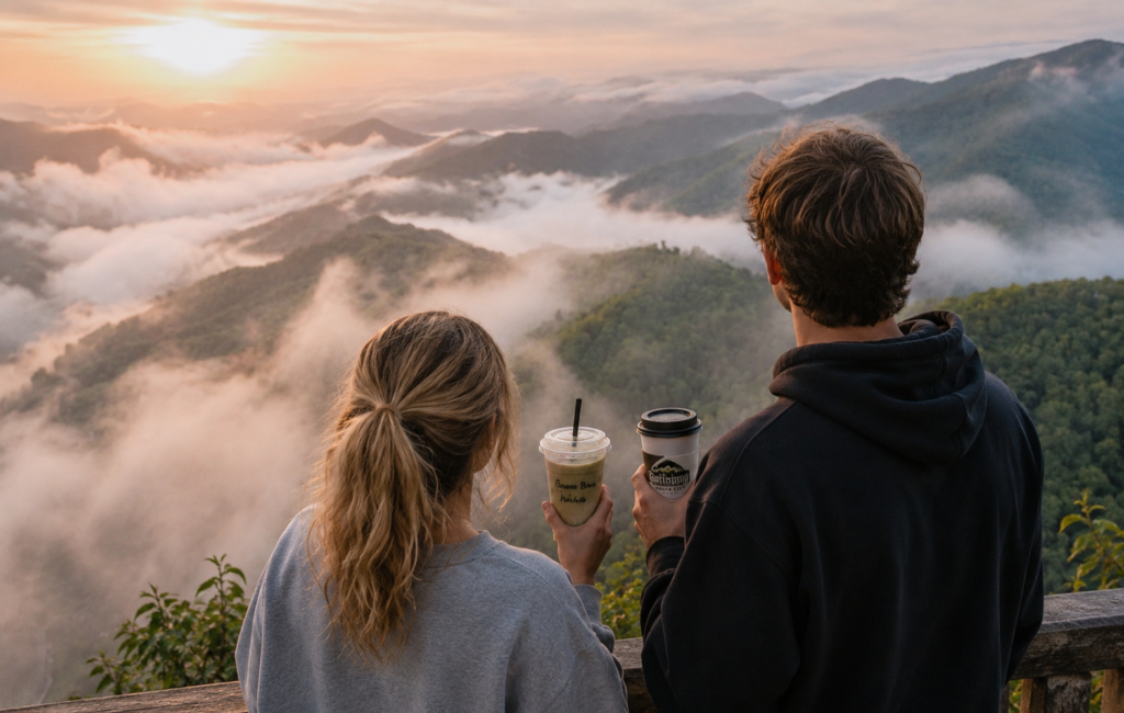 Couple holding coffee while overlooking fog-covered Smoky Mountains at sunrise near Gatlinburg.