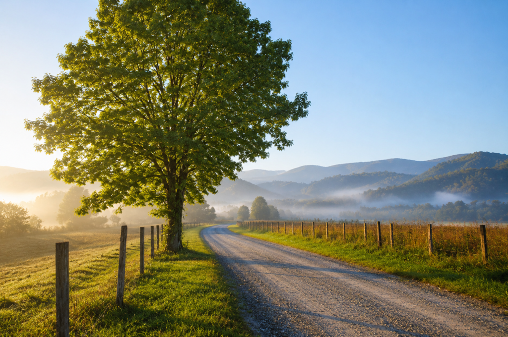Cheap Cabins in Gatlinburg: Affordable Smoky Mountain Stays That Still Feel Magical 4 Scenic Smoky Mountain country road near cheap cabins in Gatlinburg during a foggy sunrise