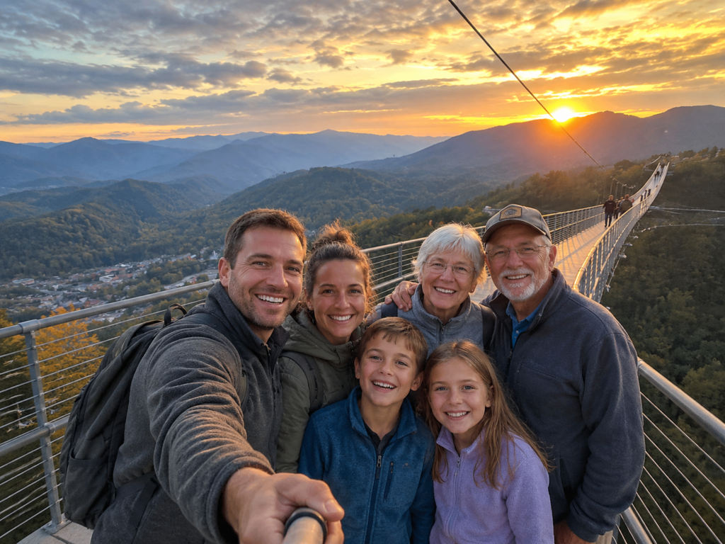 Multi-generational family taking a selfie on the Gatlinburg SkyBridge at sunset overlooking the Great Smoky Mountains in Tennessee