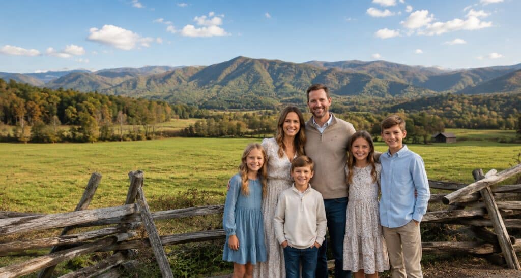 Family posing for a professional photo in Cades Cove with the Great Smoky Mountains in the background near Gatlinburg Tennessee