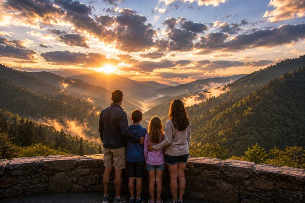 Family of four enjoying a sunset view from Morton Overlook in Great Smoky Mountains National Park near Gatlinburg Tennessee.