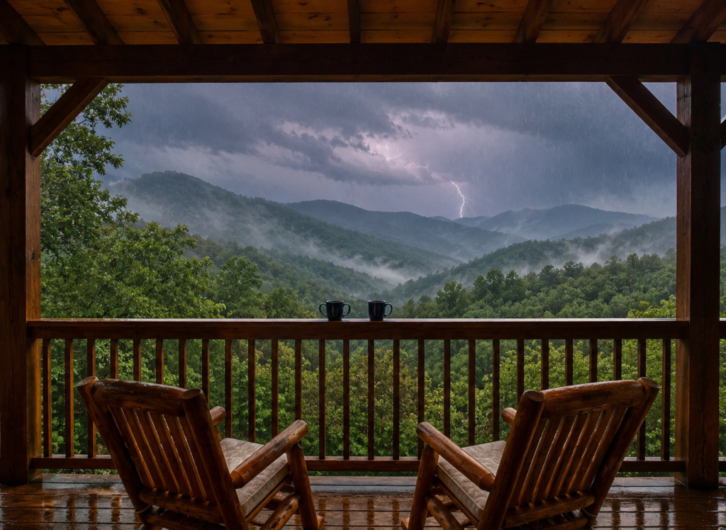 Things to Do in Gatlinburg in the Rain: Indoor Fun for Wet Weather Days 1 Couple's coffee cups on a covered Gatlinburg cabin porch overlooking fog-covered Smoky Mountains during a summer rainstorm with distant lightning.