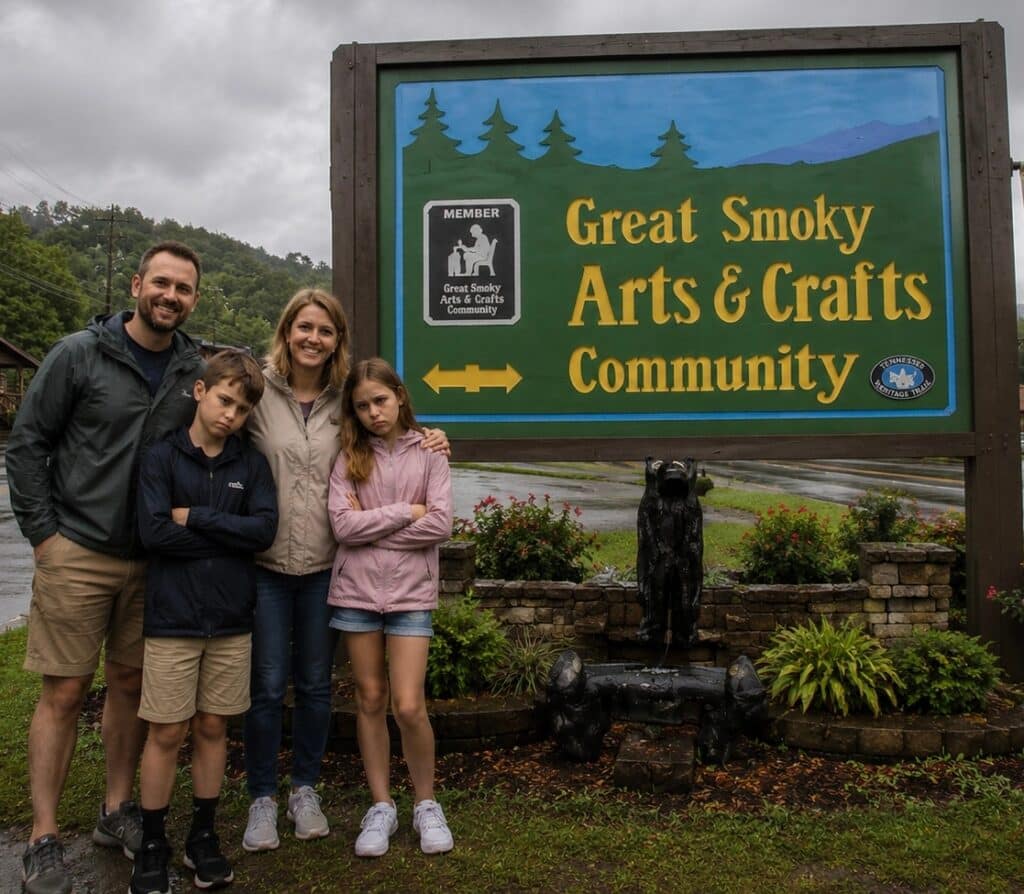 Family posing beside the Great Smoky Arts & Crafts Community sign on an overcast day in Gatlinburg Tennessee.