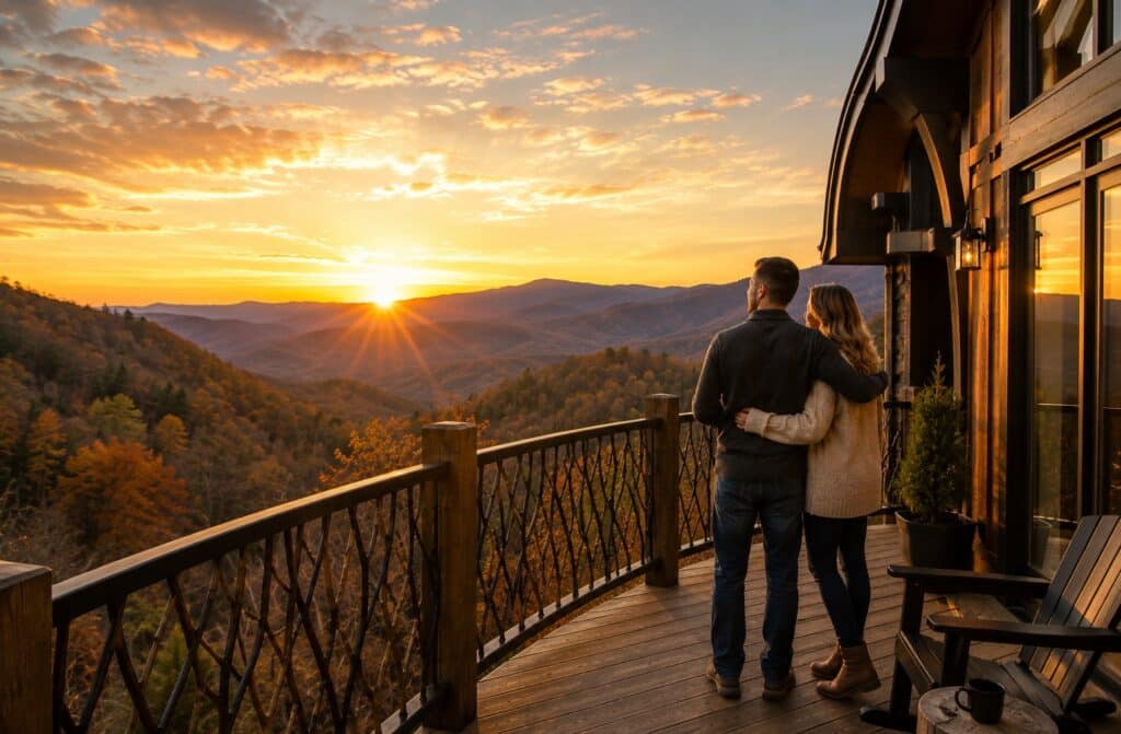 Couple standing on a Gatlinburg cabin deck watching the sunset over the Great Smoky Mountains. One of the many things to do in Gatlinburg for couples.