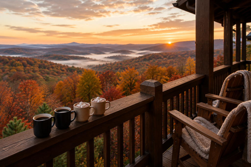 Things to Do in Gatlinburg in Fall: Experience Peak Smoky Mountain Color 1 Coffee mugs rest on a walnut cabin railing overlooking colorful fall foliage, mountain fog, and a Smoky Mountain sunrise near Gatlinburg, Tennessee.