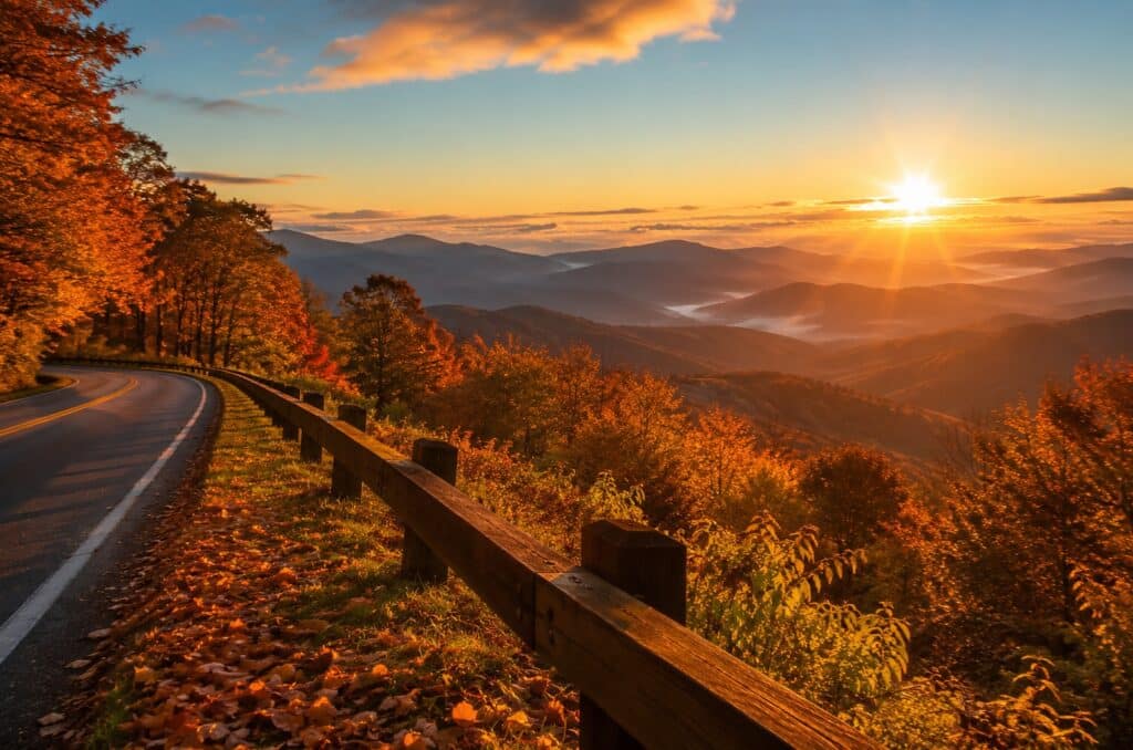 Sunrise over the Great Smoky Mountains near Gatlinburg with a scenic mountain road, wooden guardrail, and panoramic mountain views during summer.