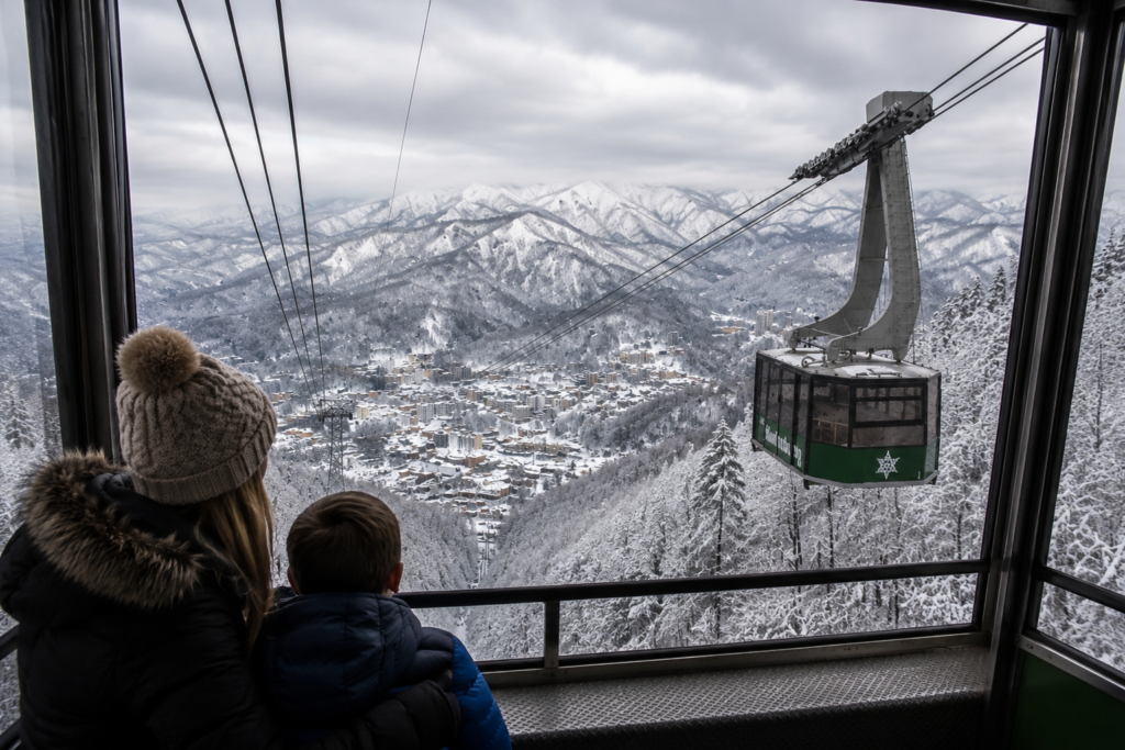 Things to Do in Gatlinburg in Winter: Snowy Adventures and Holiday Magic 1 Mother and son riding the Gatlinburg Aerial Tramway while overlooking snow-covered Gatlinburg and the Great Smoky Mountains on an overcast winter day on of the many things to do in Gatlinburg in winter.