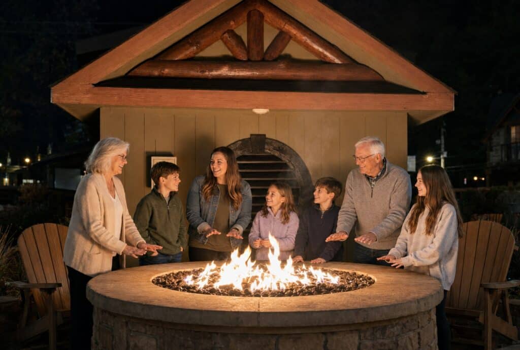 Multigenerational family gathered around the covered fire pit at Bearskin Lodge in Gatlinburg