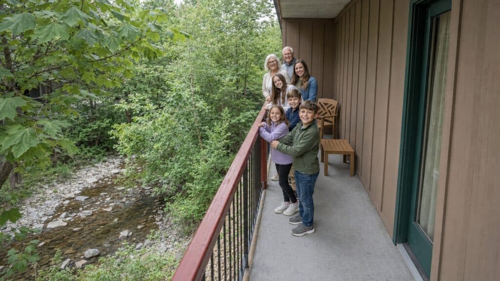Family leaning along a stream-view balcony at Bearskin Lodge on the River in Gatlinburg