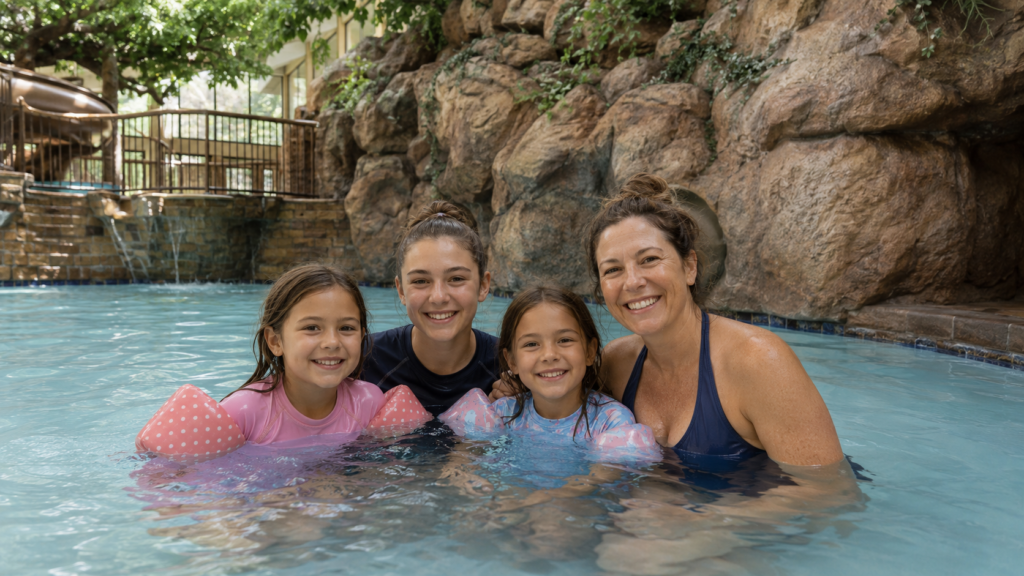 The Park Vista Gatlinburg Review: Mountain Views Above Downtown 10 Mother and three children smiling in The Park Vista indoor pool beside the rock wall