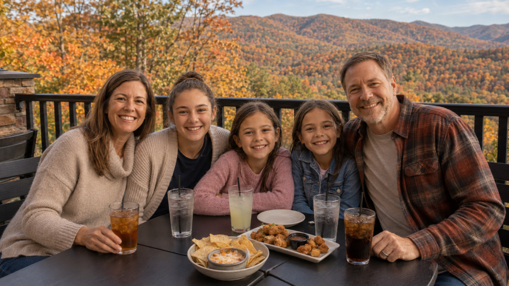 The Park Vista Gatlinburg Review: Mountain Views Above Downtown 11 Family enjoying drinks and appetizers on The Park Vista patio with fall-colored mountains behind them