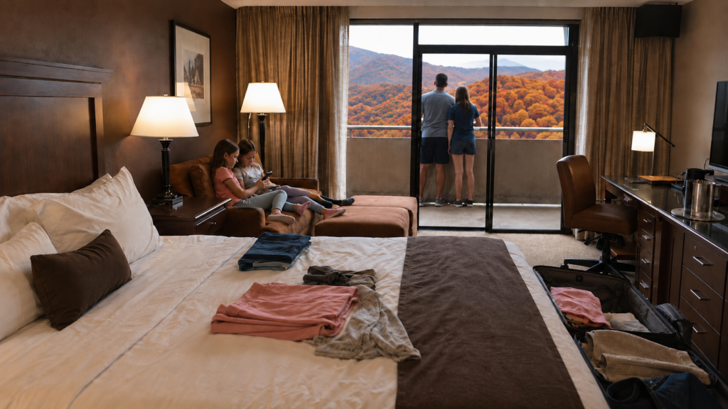 The Park Vista Gatlinburg Review: Mountain Views Above Downtown 7 Family unpacking in a Park Vista guest room while a father and teen enjoy the mountain view from the balcony
