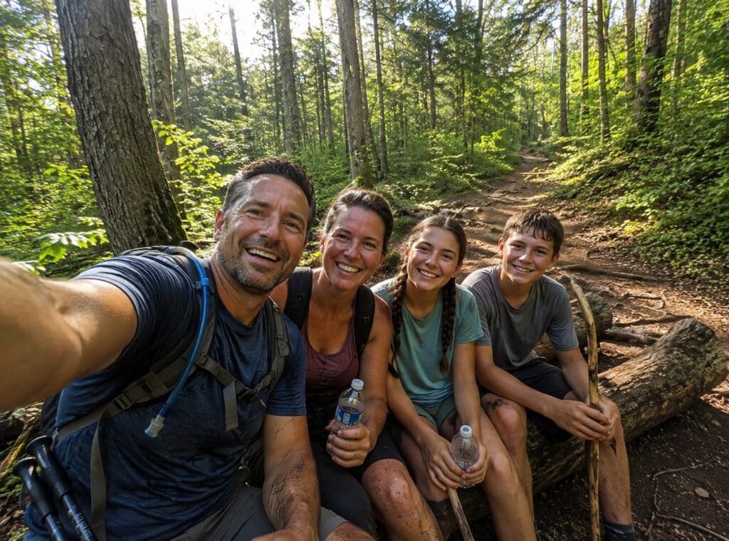 Family taking a selfie while resting on a fallen log along a hiking trail in Great Smoky Mountains National Park.