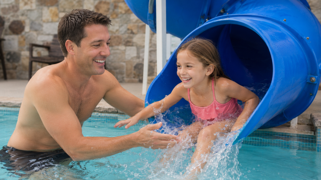 Greystone Lodge on the River Review: Downtown Convenience by the Water 8 Girl emerging from the Greystone Lodge waterslide as her father waits in the outdoor pool