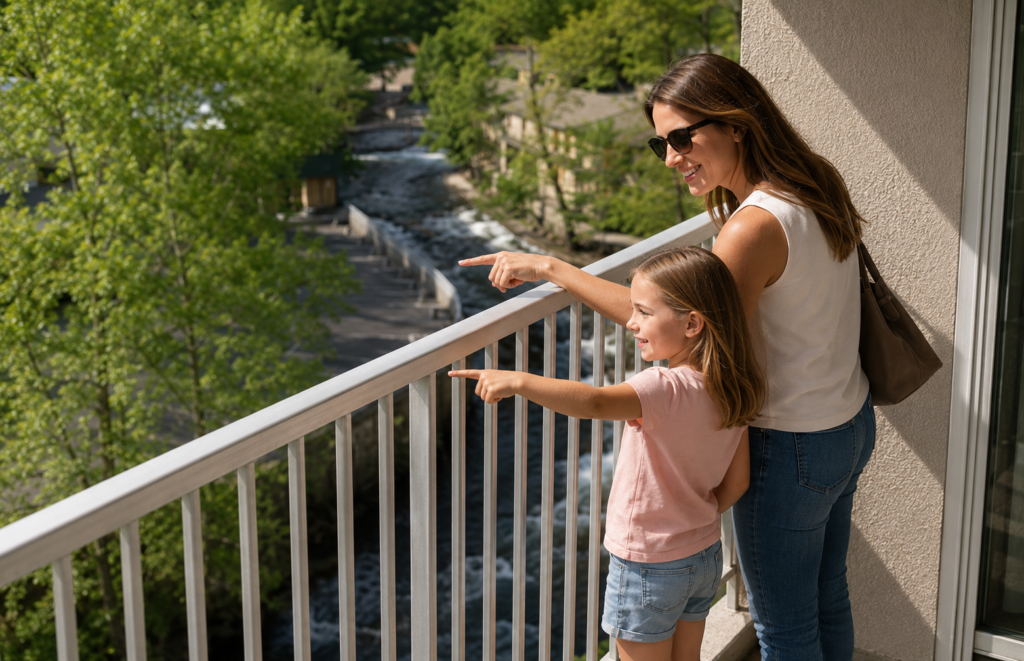 Greystone Lodge on the River Review: Downtown Convenience by the Water 7 Mother and daughter pointing toward the river from a balcony at Greystone Lodge in Gatlinburg
