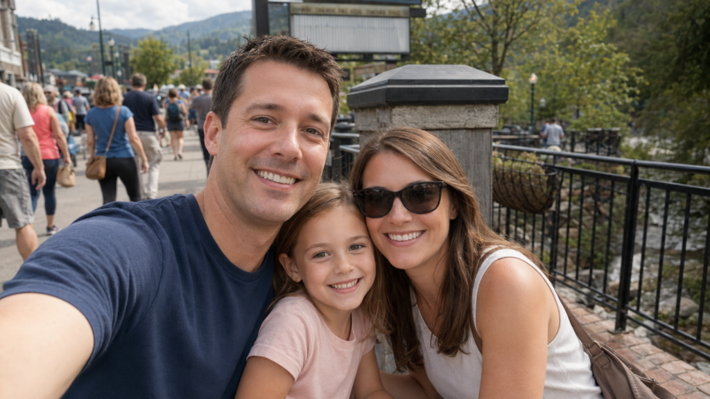 Greystone Lodge on the River Review: Downtown Convenience by the Water 5 Family taking a selfie beside the riverfront walkway at Greystone Lodge on the River in downtown Gatlinburg