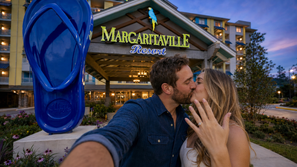 Margaritaville Resort Gatlinburg Review: Is It Worth the Price? 3 Newly engaged couple kisses beside the blue flip-flop at Margaritaville Resort Gatlinburg as she shows her ring at dusk.
