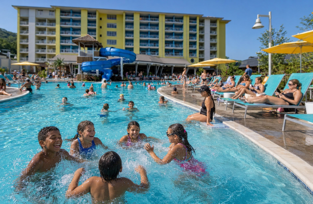 Margaritaville Resort Gatlinburg Review: Is It Worth the Price? 7 Children swim in the busy outdoor pool at Margaritaville Resort Gatlinburg as guests sunbathe near the blue waterslide.