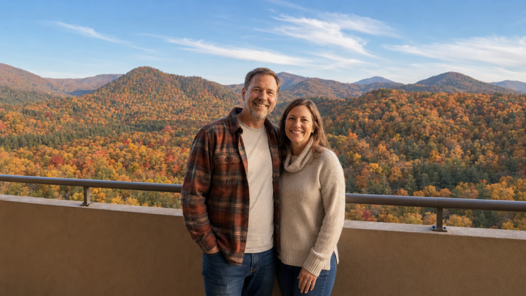 The Park Vista Gatlinburg Review: Mountain Views Above Downtown 8 Couple smiling on a Park Vista balcony with colorful Smoky Mountain foliage behind them