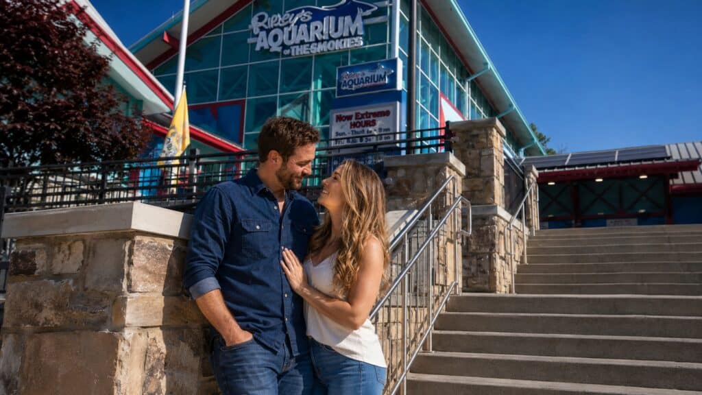 Couple standing outside Ripley’s Aquarium of the Smokies near Margaritaville Resort Gatlinburg