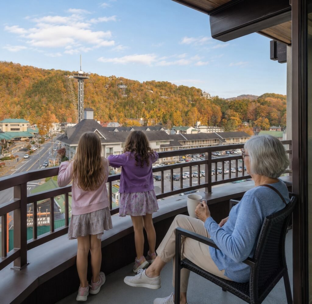 Grandmother enjoying coffee on a balcony while her two granddaughters look toward downtown Gatlinburg and the fall-covered Smoky Mountains.