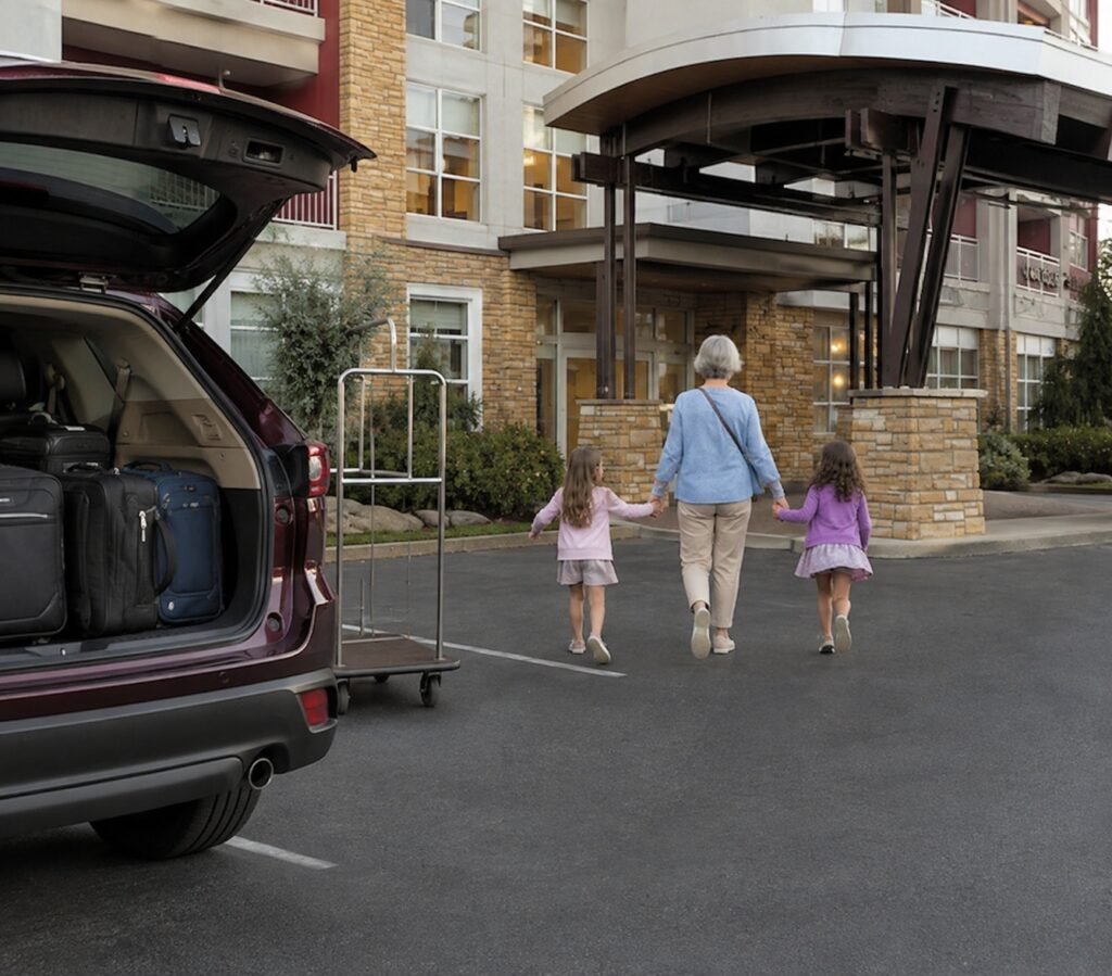 Grandmother walking with two young granddaughters toward the entrance of Courtyard by Marriott Gatlinburg Downtown with luggage visible in the parked SUV.