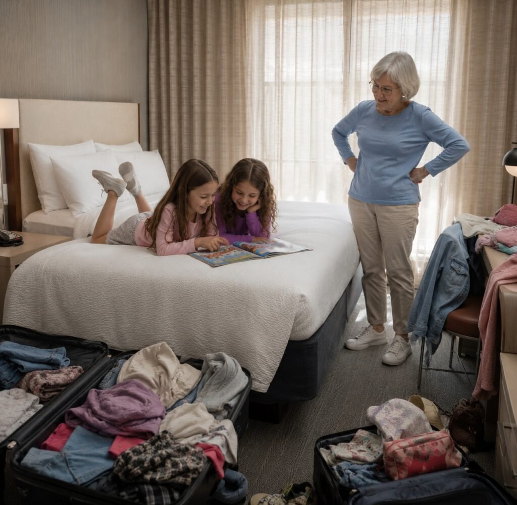Two granddaughters reading on a hotel bed while their grandmother stands beside them with open suitcases during a family stay in Gatlinburg.