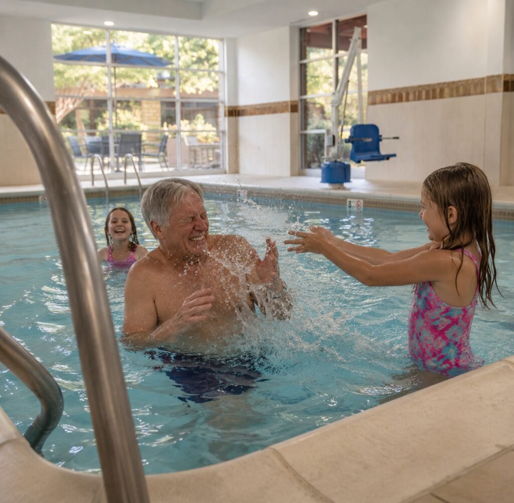 Grandfather getting splashed by his granddaughter while another granddaughter laughs in the indoor pool at Courtyard by Marriott Gatlinburg Downtown.