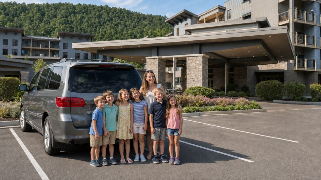 Mother and six children standing beside their family van outside Embassy Suites by Hilton Gatlinburg Resort