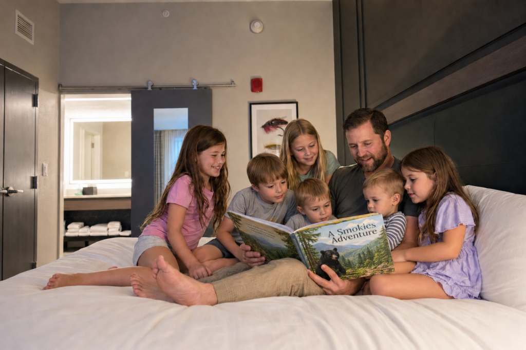 Embassy Suites Gatlinburg Resort Review: Are the Family-Friendly Extras Worth It? 5 Father reading a Smoky Mountains children’s book to six children on a bed at Embassy Suites Gatlinburg