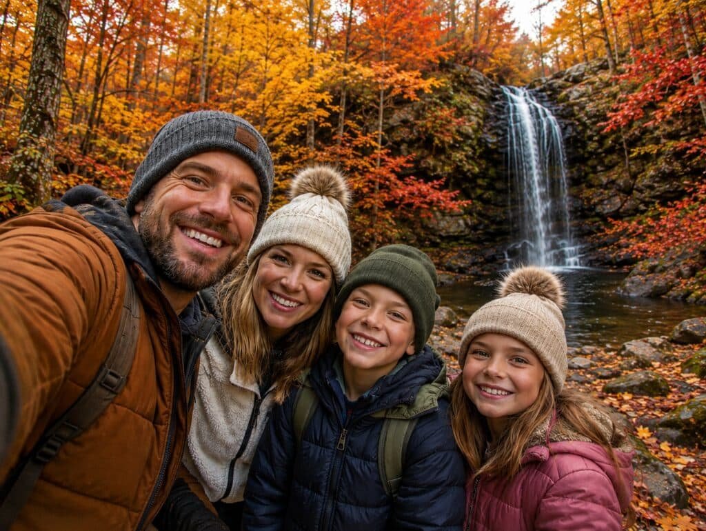 Family taking a selfie beside a waterfall surrounded by fall foliage near Roaring Fork in Gatlinburg.