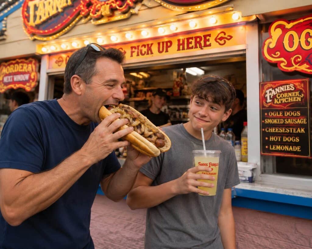 Dad eating a large smoked sausage sandwich while his teenage son holds lemonade at Fannie Farkle’s in Gatlinburg