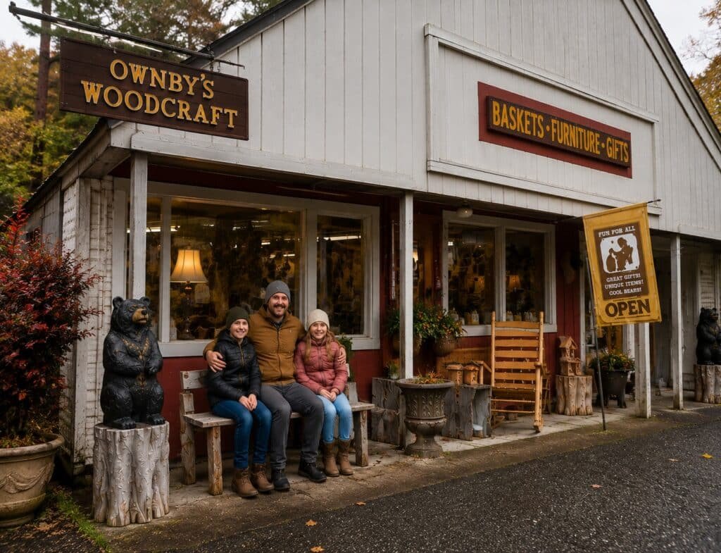 Father and two children sitting outside Ownby’s Woodcraft in the Great Smoky Arts & Crafts Community in Gatlinburg.