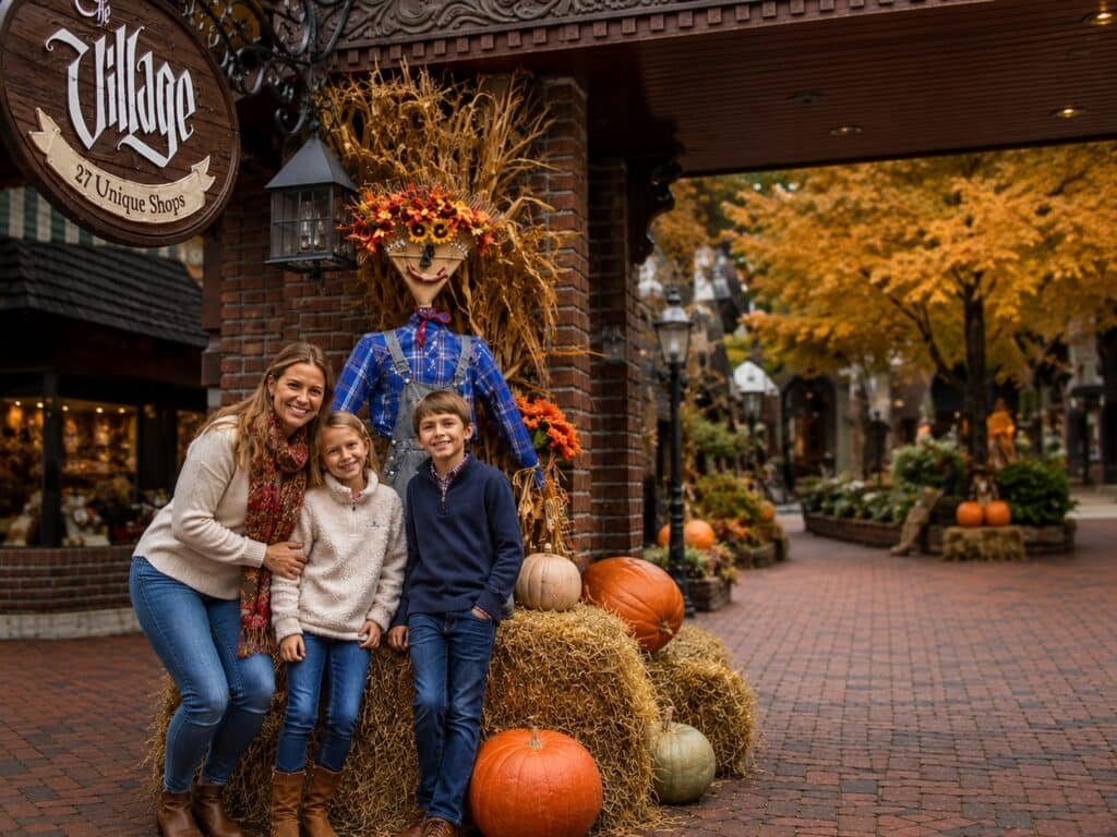 Mother and two children posing with a scarecrow and pumpkins at The Village during fall in Gatlinburg.