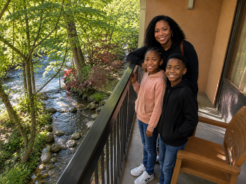 Mother and two children on a creek-side balcony overlooking LeConte Creek at Hampton Inn Gatlinburg
