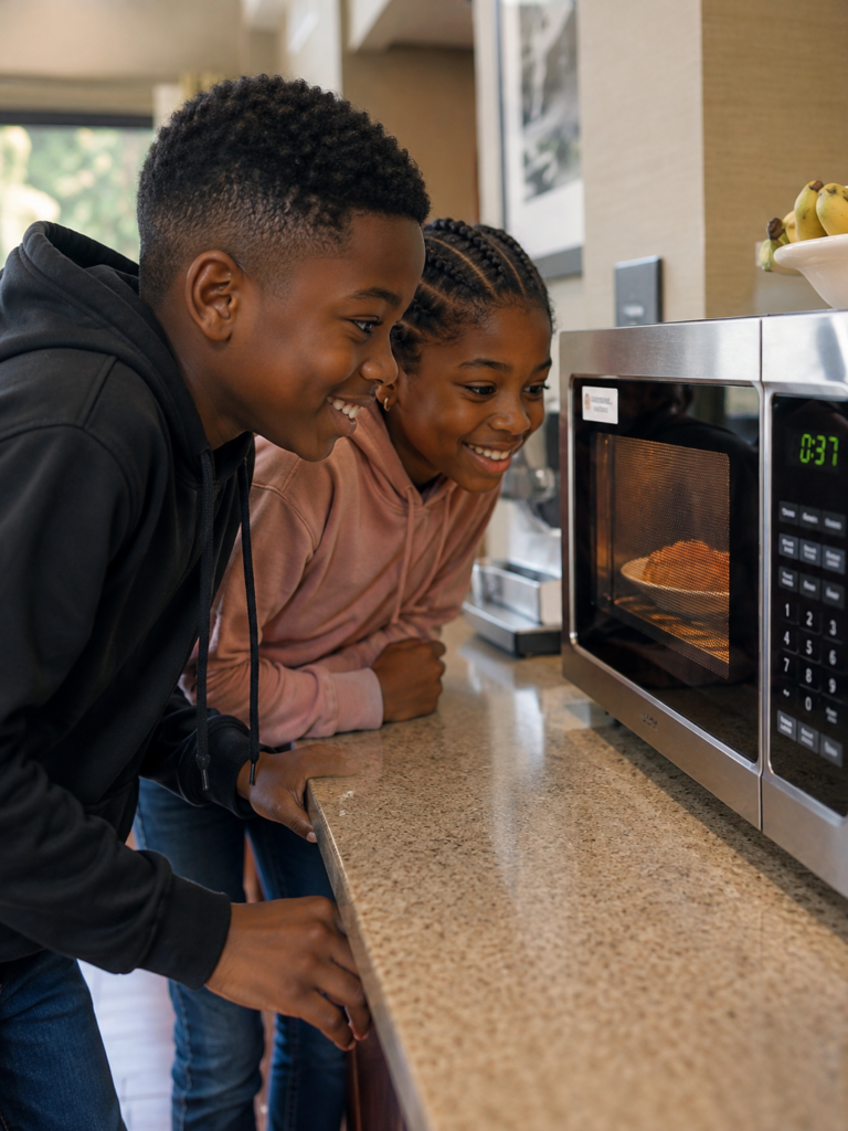 Two children watching food heat in a microwave during breakfast at Hampton Inn Gatlinburg