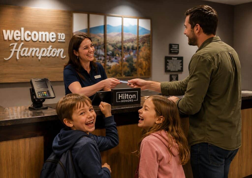 Family checking in at the front desk of Hampton Inn Gatlinburg Historic Nature Trail