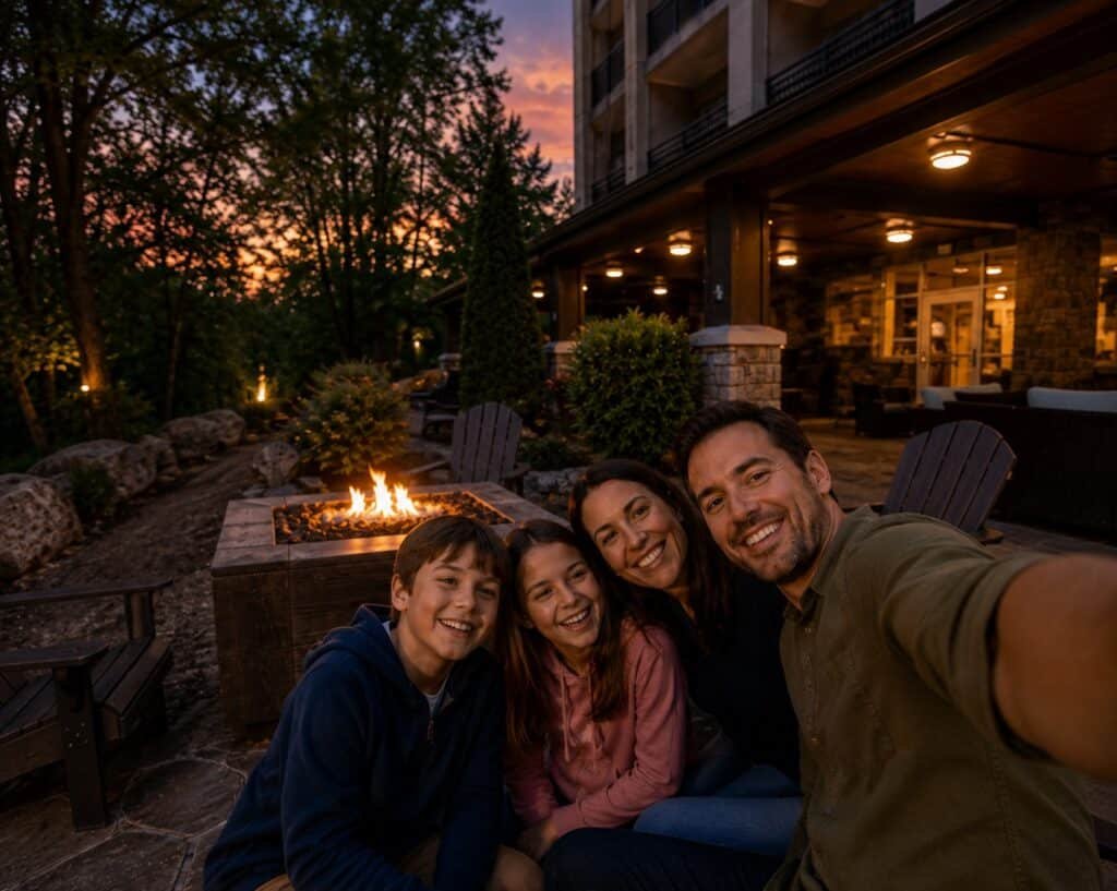 Family taking a selfie by the outdoor fire pit at Hampton Inn Gatlinburg Historic Nature Trail