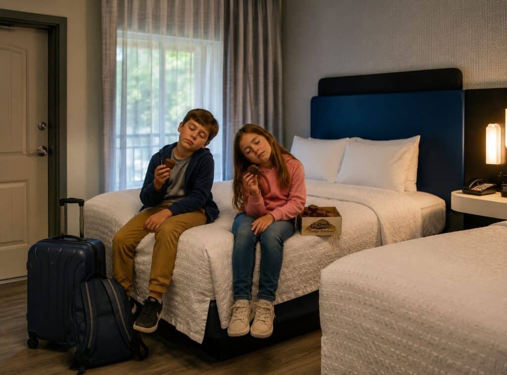 Tired kids eating Gatlinburg fudge on a hotel bed at Hampton Inn Gatlinburg Historic Nature Trail