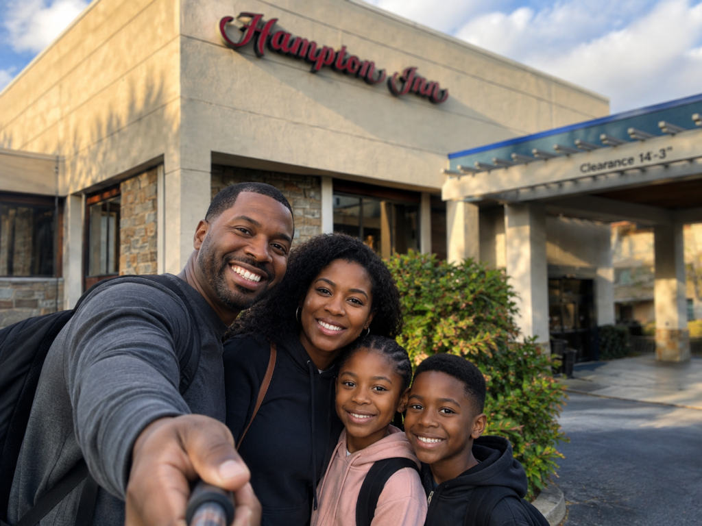 Family taking a selfie outside the Hampton Inn Gatlinburg on the Parkway in downtown Gatlinburg
