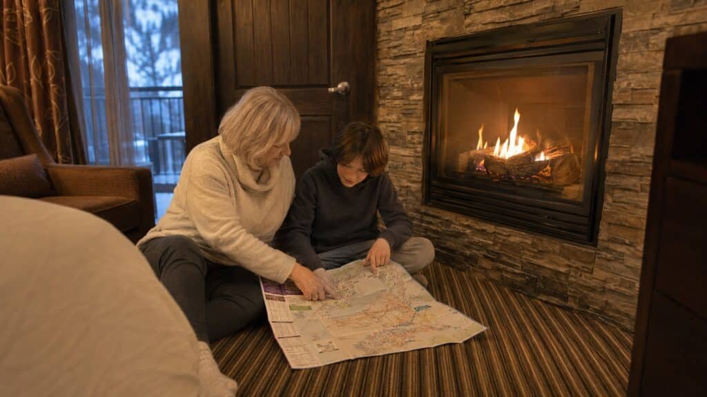 Grandmother and grandchild studying a Gatlinburg trolley map beside a fireplace at Hilton Garden Inn Gatlinburg