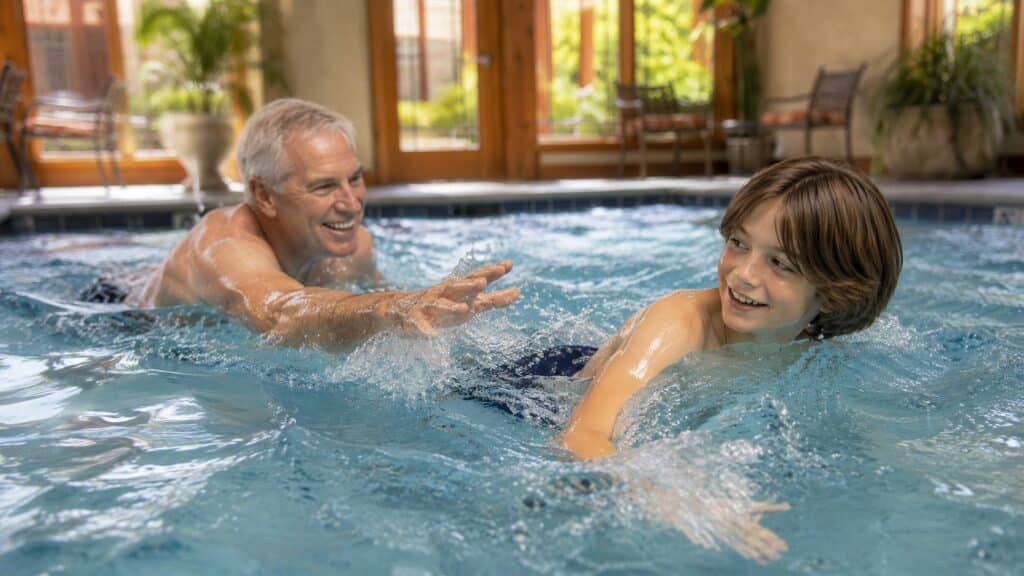Grandfather swimming after his grandchild during a game of tag in the Hilton Garden Inn Gatlinburg indoor pool