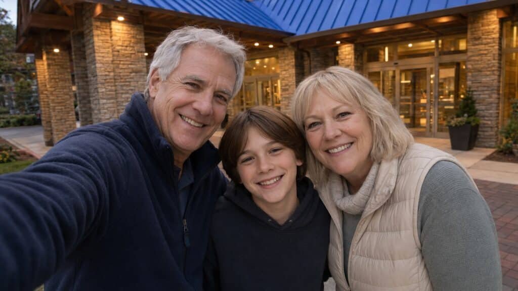 Grandparents taking a selfie with their grandchild outside Hilton Garden Inn Gatlinburg