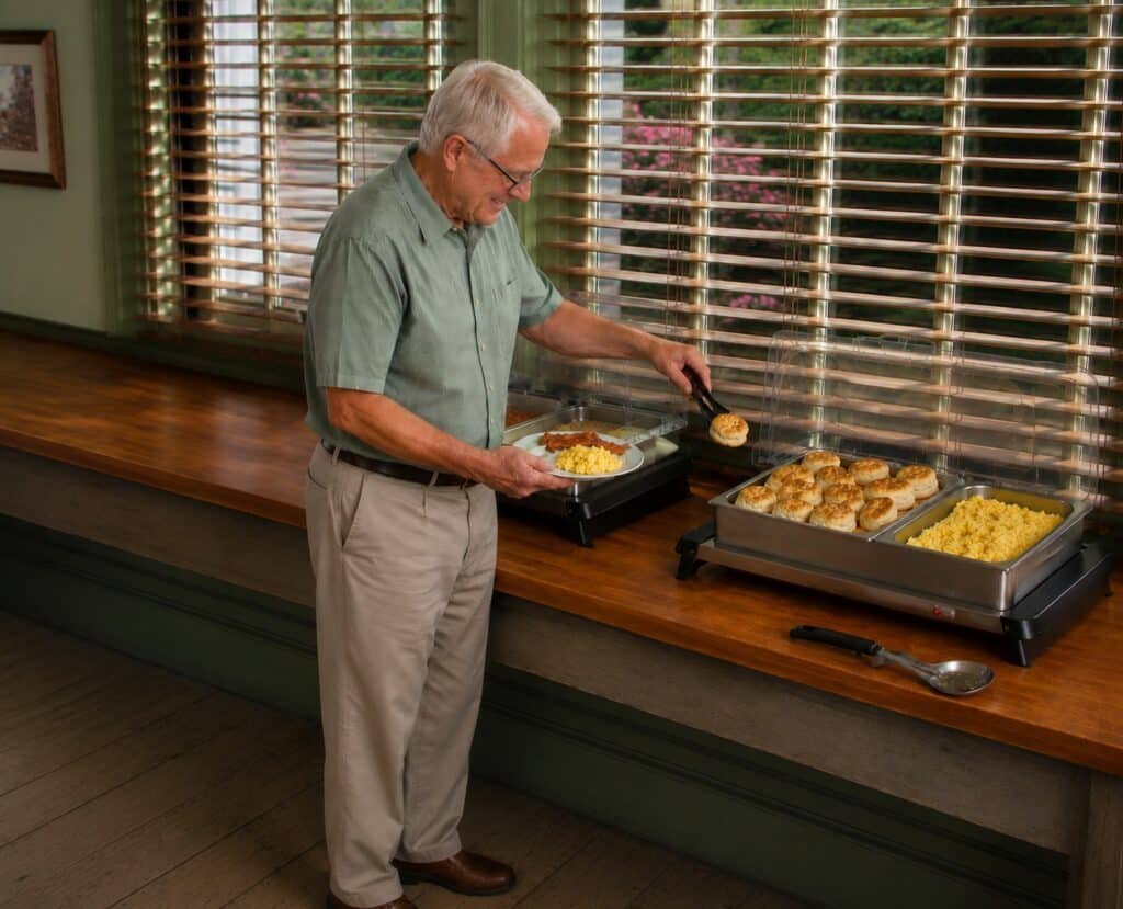 Guest filling his plate at the complimentary breakfast buffet at The Historic Gatlinburg Inn