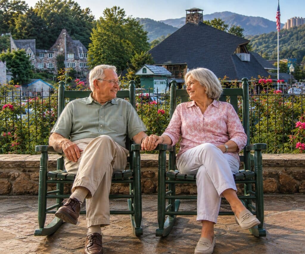 Older couple relaxing in rocking chairs on the porch at The Historic Gatlinburg Inn