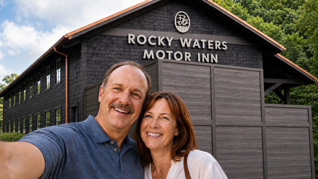 Couple taking a selfie beneath the Rocky Waters Motor Inn sign in Gatlinburg
